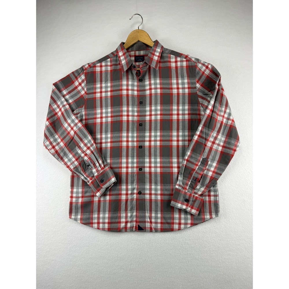 Untuckit Shirt Mens Large Red Grey Plaid Button Down Long Sleeve Cotton